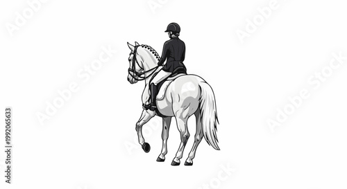 A monochrome illustration of a rider in dark attire on a white horse, side view