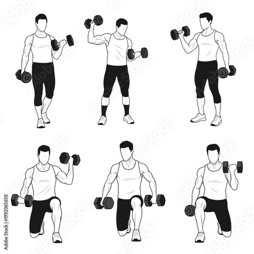 Man Performing Dumbbell Exercises: Bicep Curls, Shoulder Press, Lunges - Fitness Illustration