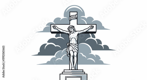 A monochrome sketch of Jesus on the cross, with a banner reading "RN" above him, set against dramatic clouds