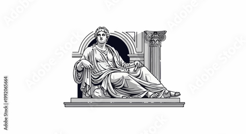 A monochrome statue of a draped figure resting against architectural elements