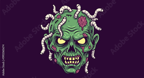 A monstrous green zombie head with bright yellow eyes and many white worms crawling out of its decaying flesh