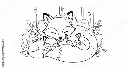 A mother fox peacefully cuddles her two sleeping kits amidst foliage and trees