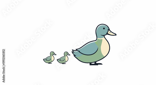 A mother duck and her two ducklings walk in a line against a white background