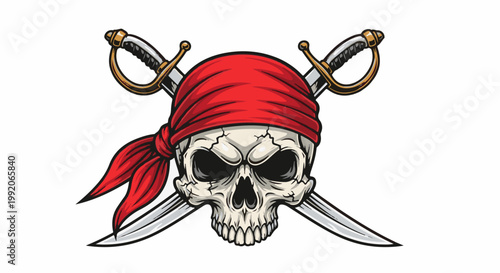 A menacing skull with a red bandana and crossed sabers
