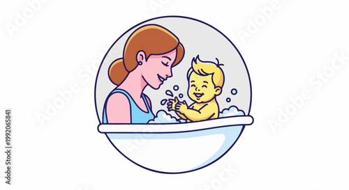 A mother gently smiles at her baby splashing in a bubble-filled bathtub