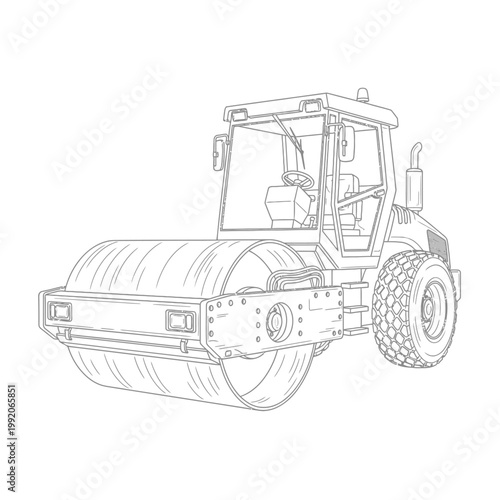Road Roller Compactor Machine Line Art Illustration Isolated on White Background