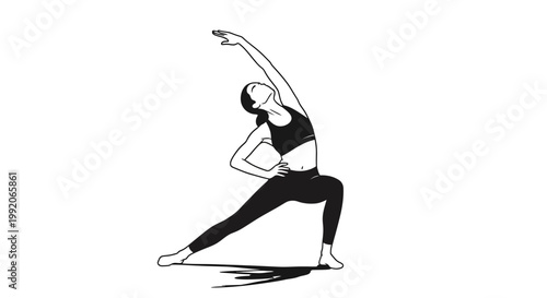 Woman practicing yoga, stretching in warrior pose with elegant lines and minimalist style