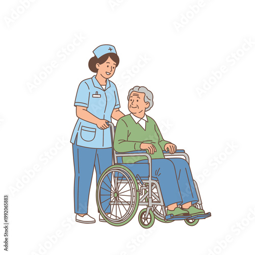 Nurse assisting elderly man in wheelchair, healthcare, medical care, support, compassion