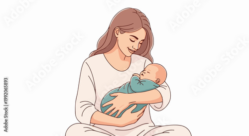 A mother tenderly cradles her sleeping infant, sharing a moment of quiet adoration