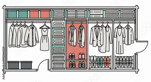 A neat, organized closet with clothes, shoes, and storage bins neatly arranged on shelves and hanging racks