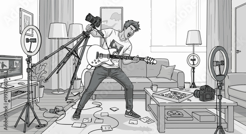 A musician records a performance in his cluttered living room, surrounded by recording equipment and a pizza