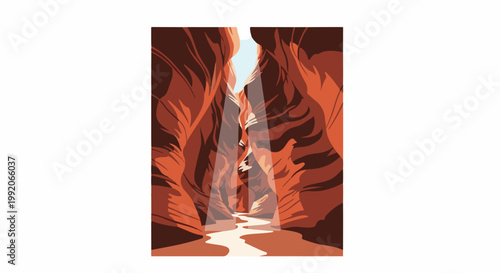 A narrow canyon with layered red rock walls, a winding path below, and sunlight piercing through the opening above