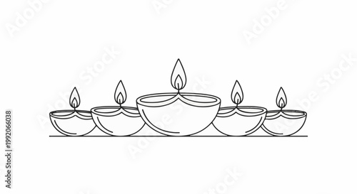 A line drawing of five traditional oil lamps with lit flames arranged on a horizontal line