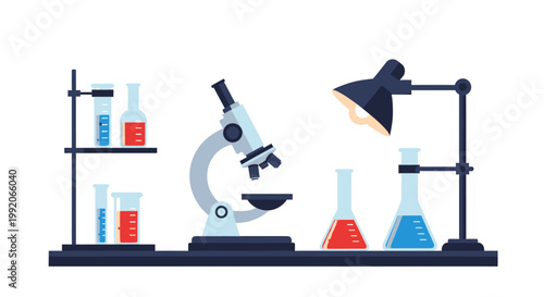 Laboratory Equipment: Microscope, Beakers, Flasks, and Test Tubes with Liquids