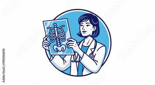 A medical professional in a white coat examines a skeletal X-ray against a blue background