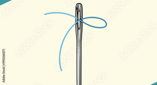 A needle with light blue thread passing through its eye, creating a loop
