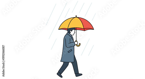 Man walking with umbrella in rain, simple illustration, weather protection