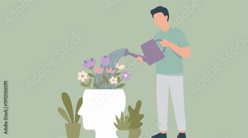 Nurturing mental well-being: Man waters flowers in a human head profile