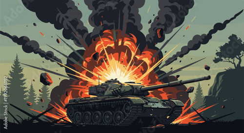 A military tank amidst a massive, fiery explosion with dark smoke and debris in a pixelated landscape