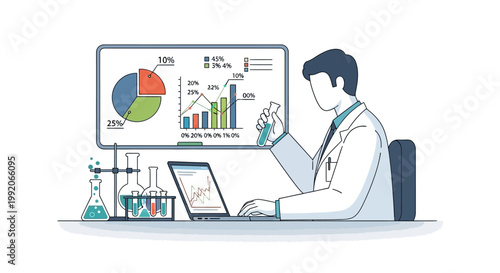 Scientist analyzing data and conducting experiment with charts and laptop