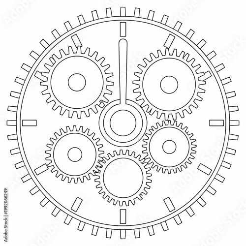 Black and white line of interlocking gears clockwork