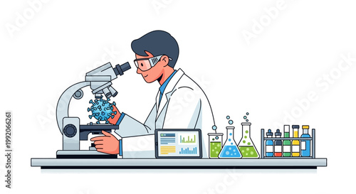 Scientist analyzing virus sample under microscope, laboratory research concept