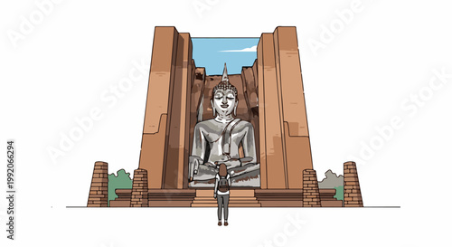 A person stands before a colossal, serene Buddha statue within ancient temple ruins