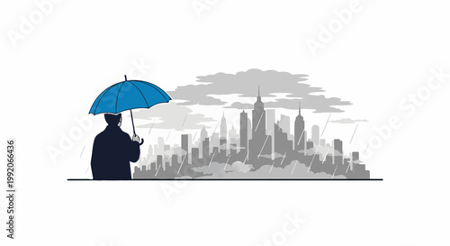 A lone figure with a bright blue umbrella stands against a rainy, gray cityscape