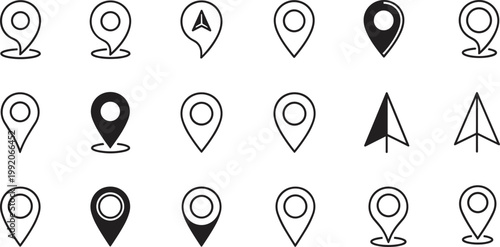 Minimal Outline Map Location Pin Icon Set with Simple GPS Navigation Markers and Place Indicators for Apps Websites and User Interface Design