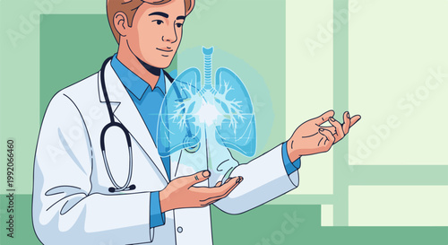 A healthcare professional displays a holographic representation of human lungs, gesturing with their hands