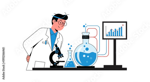 Scientist in lab coat examining experiment with microscope and beakers, data screen
