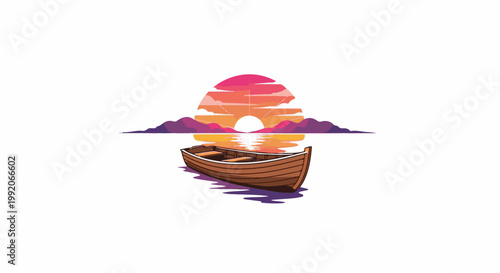 A lone wooden boat floats on calm water at sunset, with mountains and colorful clouds