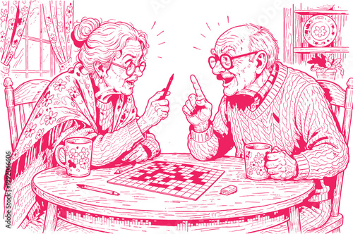 Elderly Couple Arguing Over Crossword Puzzle