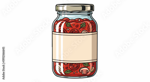 A jar filled with chopped tomatoes, mushrooms, and herbs, with a blank label
