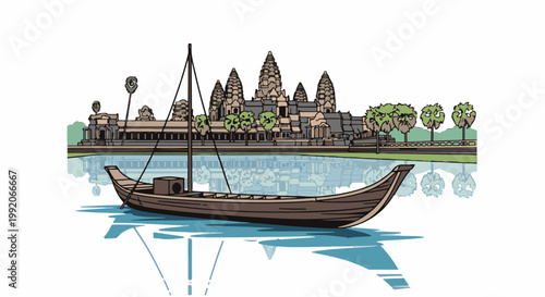 A long boat floats on water reflecting a grand temple complex with trees