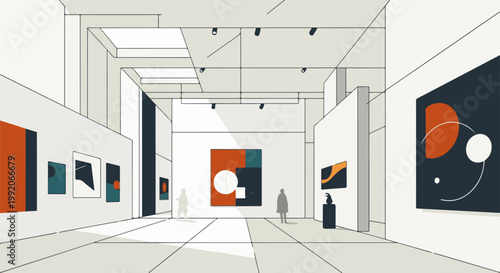 A minimalist, geometric art gallery with abstract paintings displayed on white walls, featuring subtle human figures