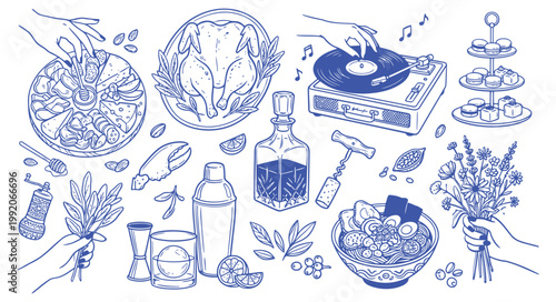 Set of hand drawn food and drink illustrations, including charcuterie board, roasted chicken, record player, macarons, cocktail shaker and ramen
