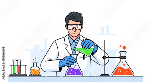 Scientist pouring liquid in laboratory flask, conducting experiment, research, science concept