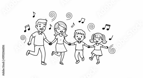 A joyful family of four, two parents and two children, hold hands while dancing joyfully surrounded by music notes and swirls