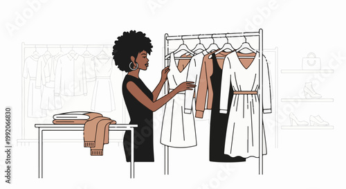 A person styles outfits on a clothing rack and table, with shelves of accessories in background