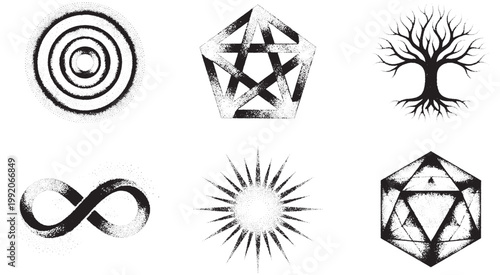 Set of sacred geometry symbols, stippled dotwork style, isolated on white background