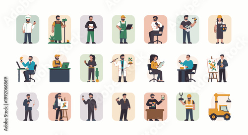 A grid of diverse professionals showcasing various occupations and skills