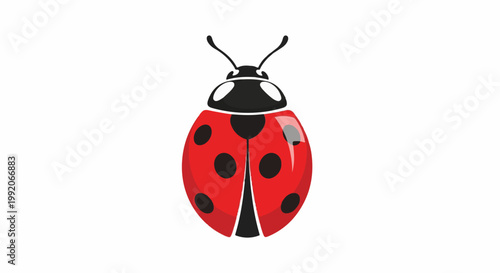 A graphic representation of a red ladybug with black spots, against a white background
