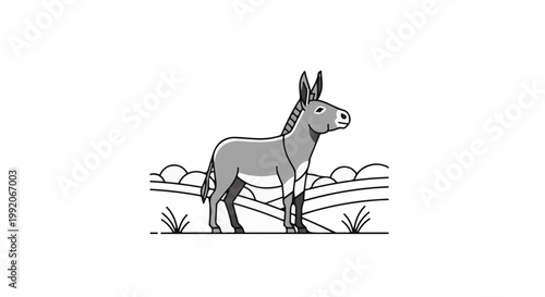 A gray donkey stands in a stylized field with rolling hills in the background