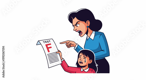 A frustrated adult scolds a child for a failing test grade, showing distress