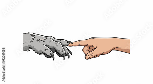 A furry paw and a human hand touch fingertips, symbolizing connection