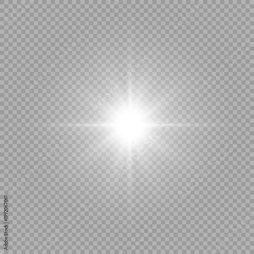 Vivid white starlight with horizontal lens flare. Vector transparent glowing burst with elegant rays and bright shining core isolated.