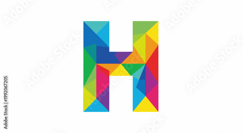 A geometric letter H rendered in a vibrant, multicolored mosaic of triangles