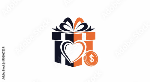 A gift box with a heart emblem and a coin, symbolizing donation and charity