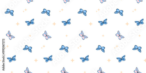 Sparse print with butterflies and stars on white background, romantic blue and swarm flying insects for paper and textile